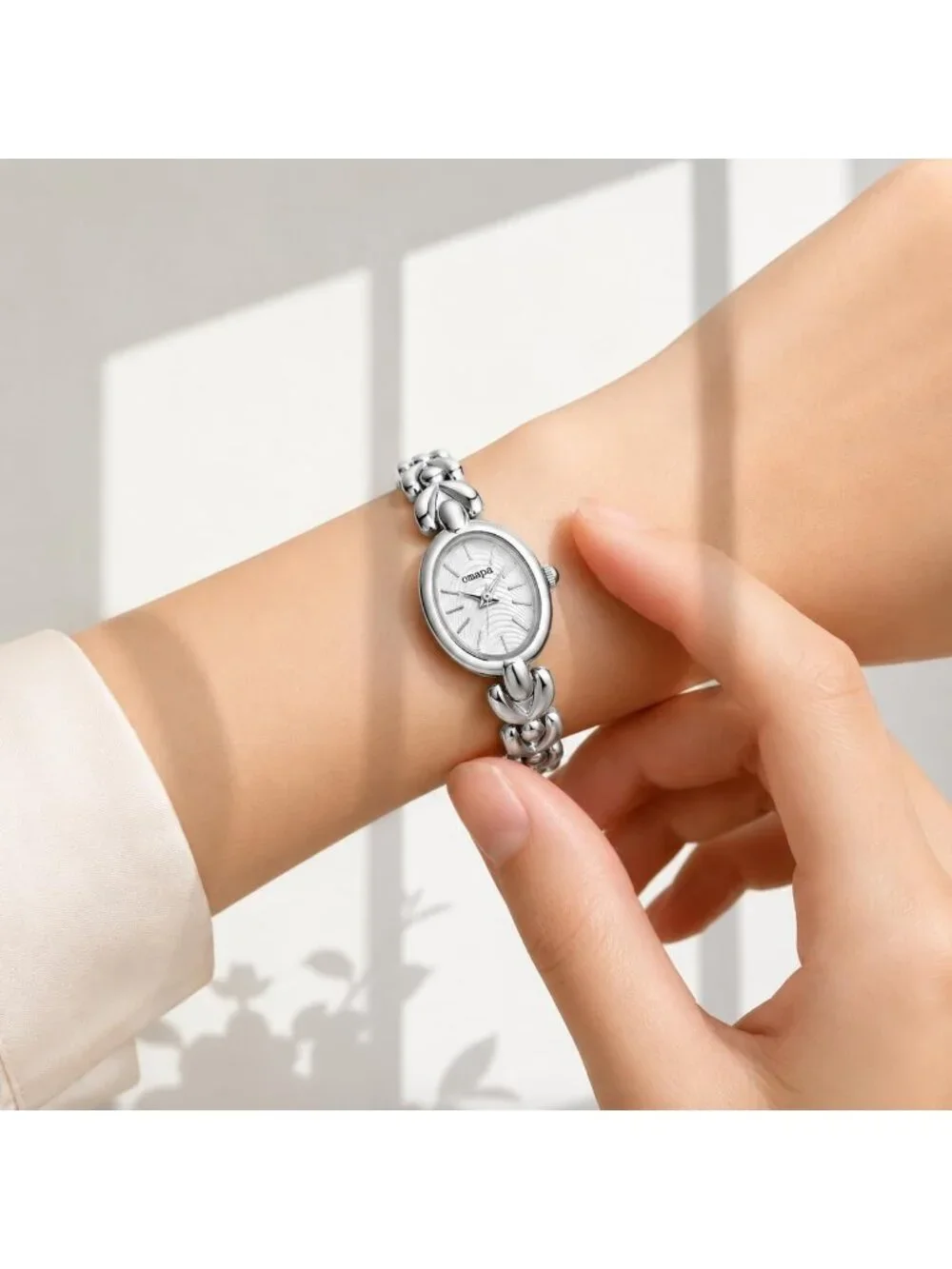 Women's Silver Dainty Oval Adjustable Bracelet Vintage Stylish Dress Wrist Watch